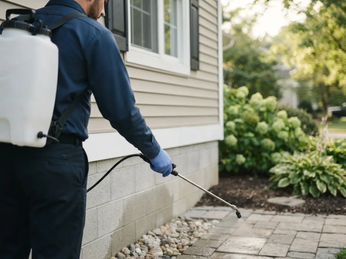 Pest control technician inspecting a home in Kiron, IA